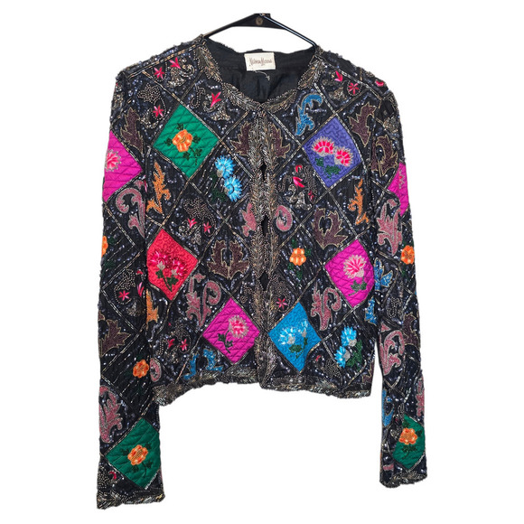 Patchwork Embroidered Jacket Bright Colorblock Quilted Sequin Embellished Bolero - Picture 1 of 9